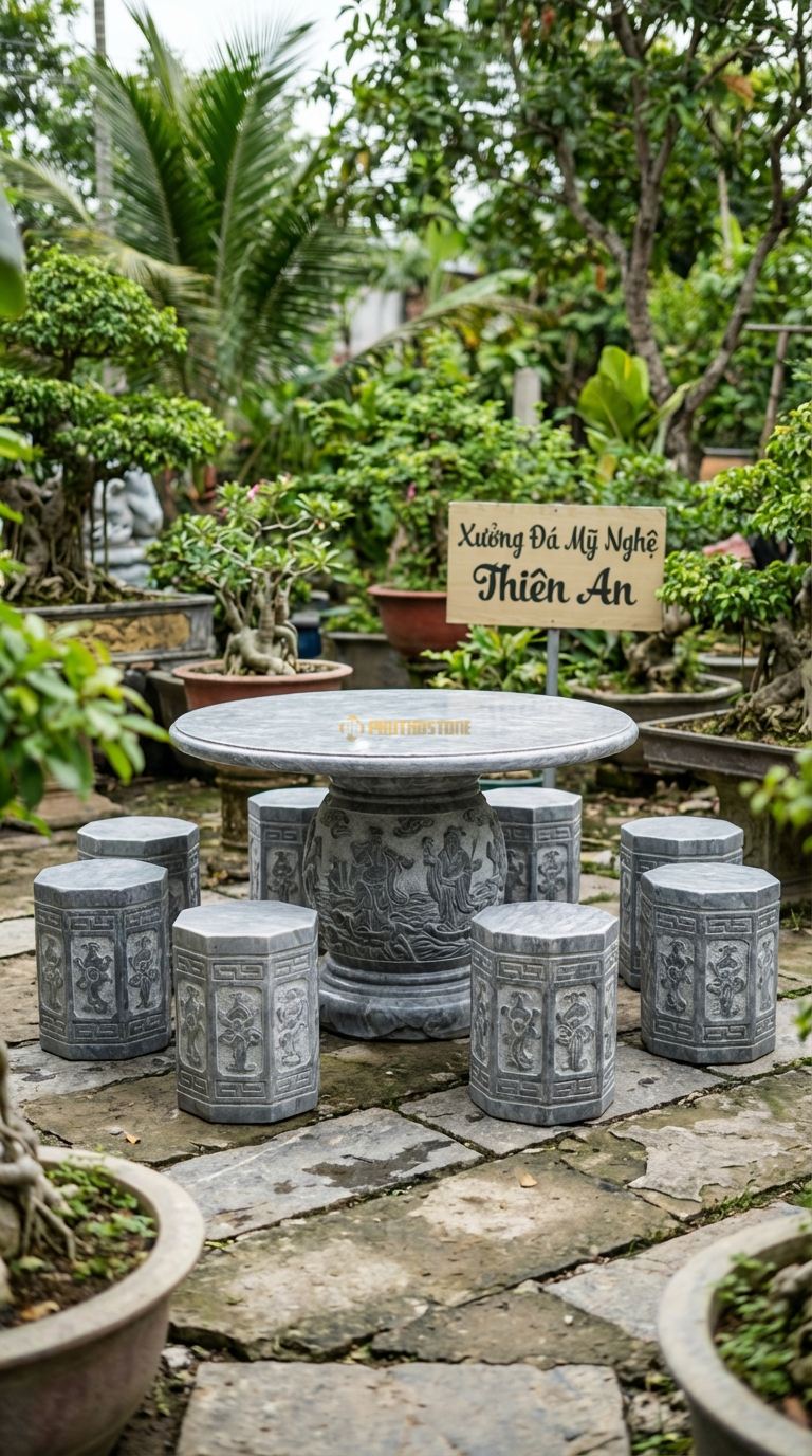 Bộ Bàn Ghế đá Bát Tiên Quá Hải, Chất Liệu đá Cẩm Thạch Xám, Kiểu Dáng chân Bàn Hoặc Diềm Bàn Chạm Khắc Tích Bát Tiên Vượt Biển, Chi Tiết Sắc Sảo. Bàn: Đk 130 Cm x Cao 75 Cm Đôn: Lục Giác Chạm Hoa Văn (8 Đôn)