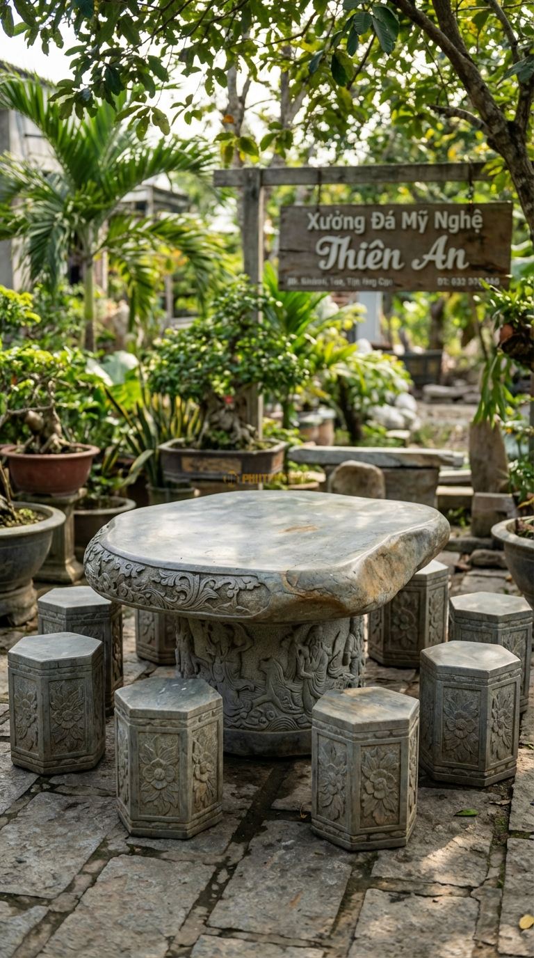 Bộ Bàn Ghế đá Bát Tiên Quá Hải, Chất Liệu đá Cuội, Kiểu Dáng chân Bàn Hoặc Diềm Bàn Chạm Khắc Tích Bát Tiên Vượt Biển, Chi Tiết Sắc Sảo. Bàn: Đk 130 Cm x Cao 75 Cm Đôn: Lục Giác Chạm Hoa Văn (8 Đôn)