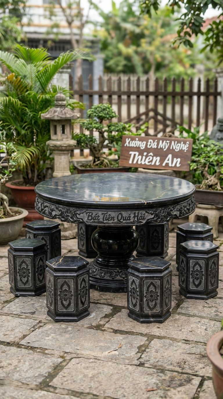 Bộ Bàn Ghế đá Bát Tiên Quá Hải, Chất Liệu đá Đen Chỉ Nâu, Kiểu Dáng chân Bàn Hoặc Diềm Bàn Chạm Khắc Tích Bát Tiên Vượt Biển, Chi Tiết Sắc Sảo. Bàn: Đk 130 Cm x Cao 75 Cm Đôn: Lục Giác Chạm Hoa Văn (8 Đôn)