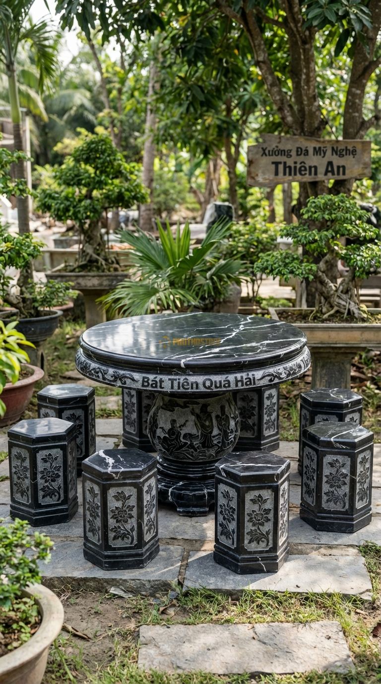 Bộ Bàn Ghế đá Bát Tiên Quá Hải, Chất Liệu đá Đen Tia Chớp, Kiểu Dáng chân Bàn Hoặc Diềm Bàn Chạm Khắc Tích Bát Tiên Vượt Biển, Chi Tiết Sắc Sảo. Bàn: Đk 130 Cm x Cao 75 Cm Đôn: Lục Giác Chạm Hoa Văn (8 Đôn)