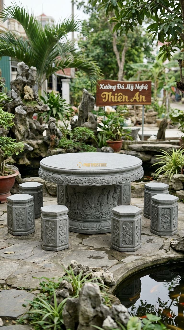 Bộ Bàn Ghế đá Bát Tiên Quá Hải, Chất Liệu đá Granite, Kiểu Dáng chân Bàn Hoặc Diềm Bàn Chạm Khắc Tích Bát Tiên Vượt Biển, Chi Tiết Sắc Sảo. Bàn: Đk 130 Cm x Cao 75 Cm Đôn: Lục Giác Chạm Hoa Văn (8 Đôn)