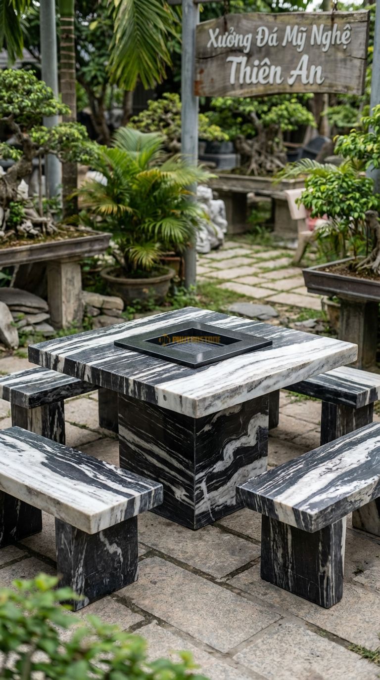 Bộ Bàn Ghế đá Bếp Nướng Kiểu Nhật, Chất Liệu đá Tuyết Sơn, Kiểu Dáng bàn đá Đen, Hố Nướng Hình Vuông Nhỏ Gọn Phong Cách Yakiniku. Bàn: 100 x 100 x 65 Cm