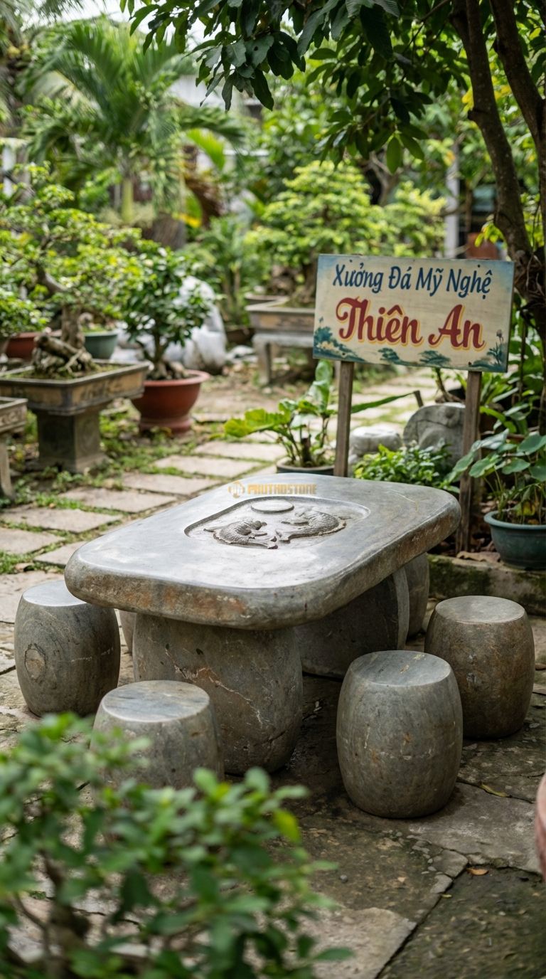 Bộ Bàn Ghế đá Cá Chép Trông Trăng, Chất Liệu đá Cuội, Kiểu Dáng mặt Bàn Chạm Chìm Hồ Nước Và Cá Chép (Lý Ngư Vọng Nguyệt), Tạo Hình Mềm Mại. Bàn: 120 x 80 x 65 Cm Đôn: Tròn Đơn Giản (4 Đôn)