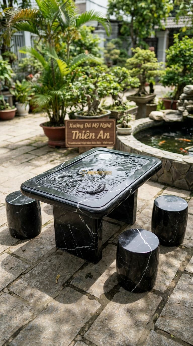 Bộ Bàn Ghế đá Cá Chép Trông Trăng, Chất Liệu đá Đen Tia Chớp, Kiểu Dáng mặt Bàn Chạm Chìm Hồ Nước Và Cá Chép (Lý Ngư Vọng Nguyệt), Tạo Hình Mềm Mại. Bàn: 120 x 80 x 65 Cm Đôn: Tròn Đơn Giản (4 Đôn)