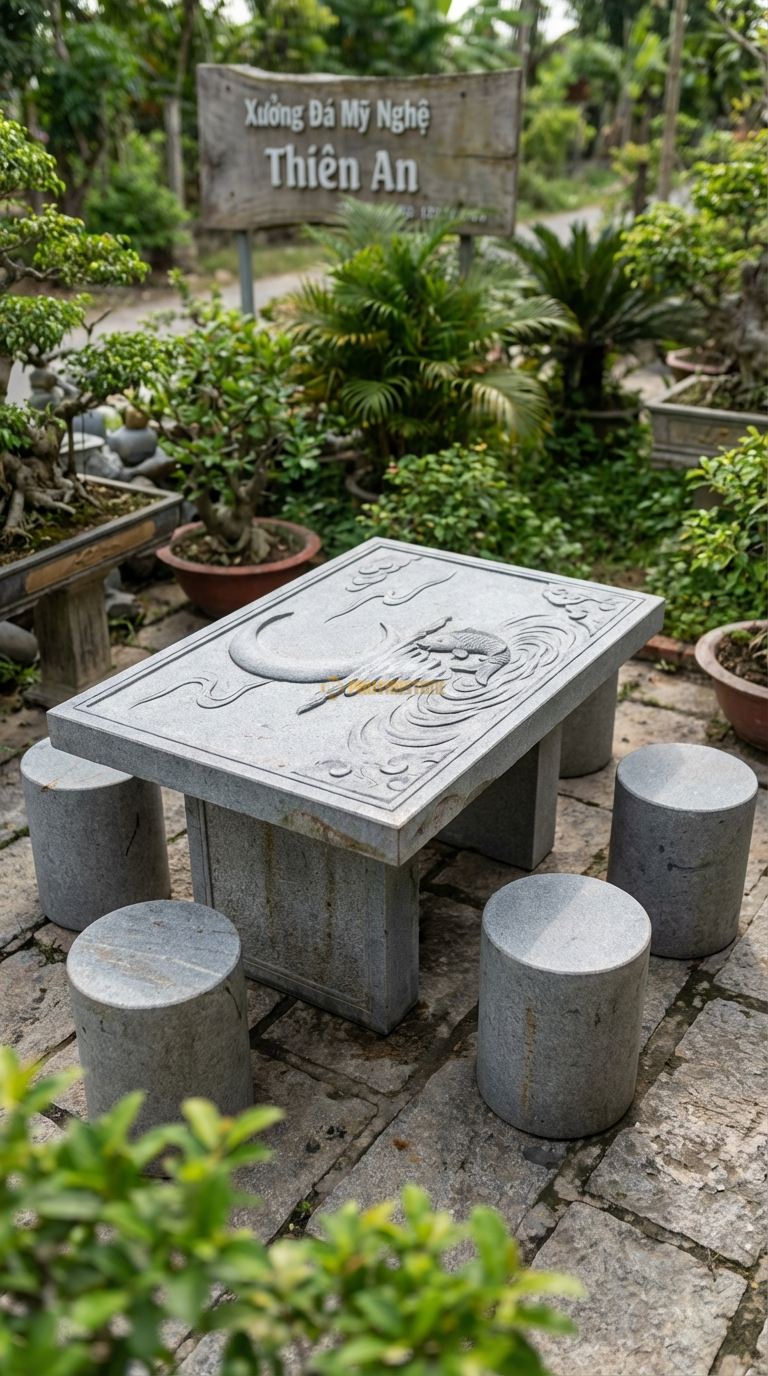Bộ Bàn Ghế đá Cá Chép Trông Trăng, Chất Liệu đá Granite, Kiểu Dáng mặt Bàn Chạm Chìm Hồ Nước Và Cá Chép (Lý Ngư Vọng Nguyệt), Tạo Hình Mềm Mại. Bàn: 120 x 80 x 65 Cm Đôn: Tròn Đơn Giản (4 Đôn)