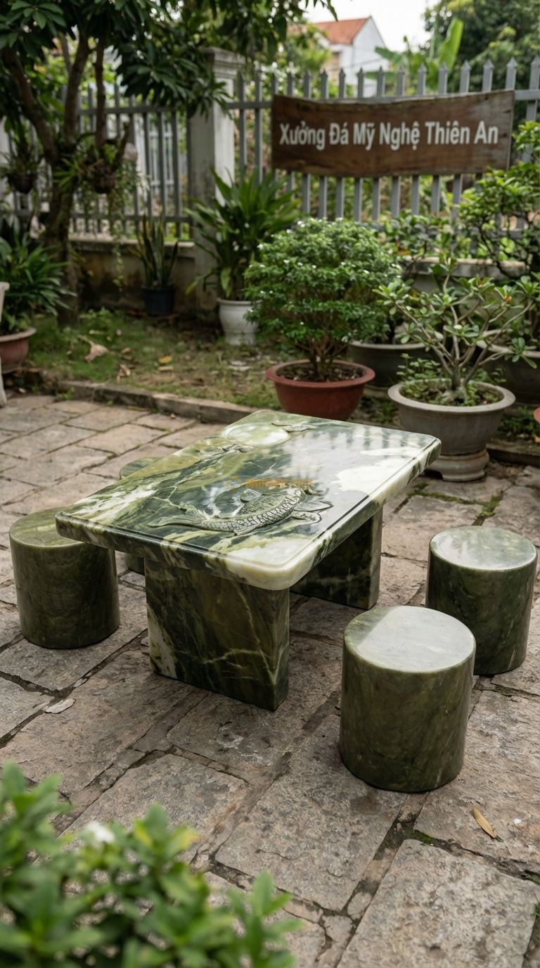 Bộ Bàn Ghế đá Cá Chép Trông Trăng, Chất Liệu đá Serpentine, Kiểu Dáng mặt Bàn Chạm Chìm Hồ Nước Và Cá Chép (Lý Ngư Vọng Nguyệt), Tạo Hình Mềm Mại. Bàn: 120 x 80 x 65 Cm Đôn: Tròn Đơn Giản (4 Đôn)