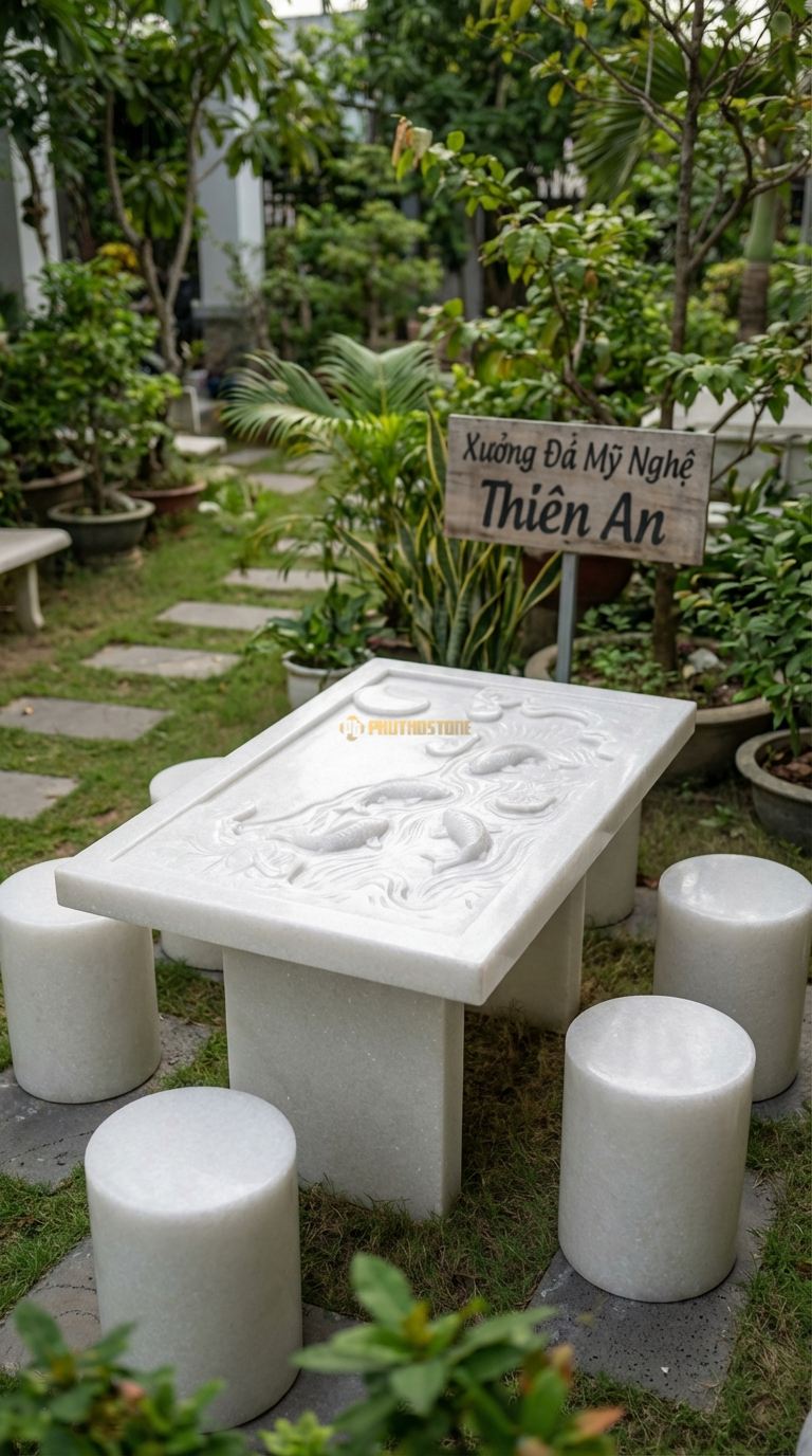 Bộ Bàn Ghế đá Cá Chép Trông Trăng, Chất Liệu đá Trắng Muối, Kiểu Dáng mặt Bàn Chạm Chìm Hồ Nước Và Cá Chép (Lý Ngư Vọng Nguyệt), Tạo Hình Mềm Mại. Bàn: 120 x 80 x 65 Cm Đôn: Tròn Đơn Giản (4 Đôn)