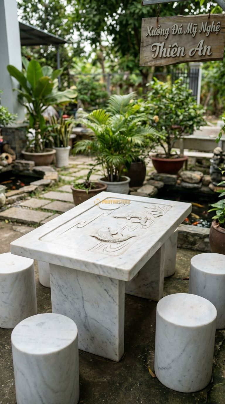 Bộ Bàn Ghế đá Cá Chép Trông Trăng, Chất Liệu đá Trắng Yên Bái, Kiểu Dáng mặt Bàn Chạm Chìm Hồ Nước Và Cá Chép (Lý Ngư Vọng Nguyệt), Tạo Hình Mềm Mại. Bàn: 120 x 80 x 65 Cm Đôn: Tròn Đơn Giản (4 Đôn)