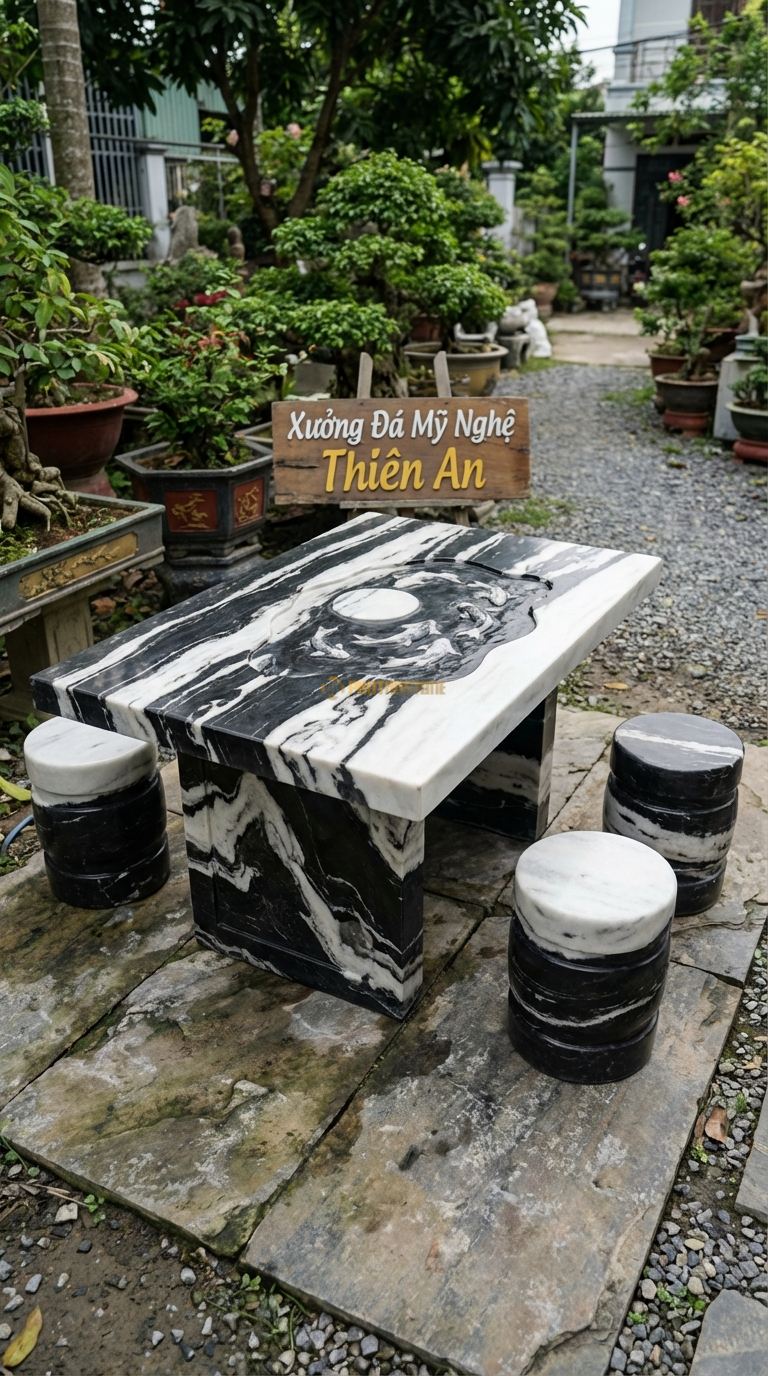 Bộ Bàn Ghế đá Cá Chép Trông Trăng, Chất Liệu đá Tuyết Sơn, Kiểu Dáng mặt Bàn Chạm Chìm Hồ Nước Và Cá Chép (Lý Ngư Vọng Nguyệt), Tạo Hình Mềm Mại. Bàn: 120 x 80 x 65 Cm Đôn: Tròn Đơn Giản (4 Đôn)