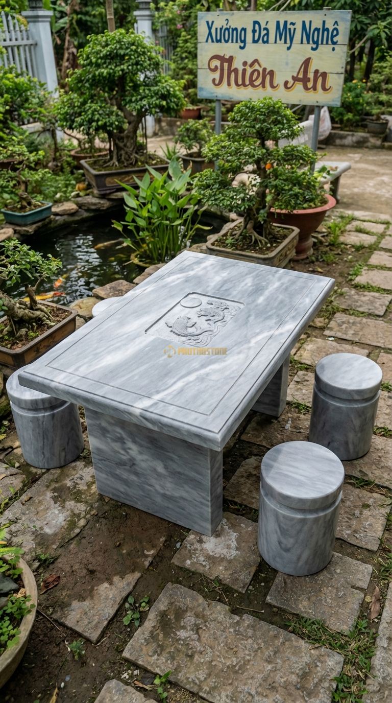 Bộ Bàn Ghế đá Cá Chép Trông Trăng, Chất Liệu đá Xám Vân Mây, Kiểu Dáng mặt Bàn Chạm Chìm Hồ Nước Và Cá Chép (Lý Ngư Vọng Nguyệt), Tạo Hình Mềm Mại. Bàn: 120 x 80 x 65 Cm Đôn: Tròn Đơn Giản (4 Đôn)