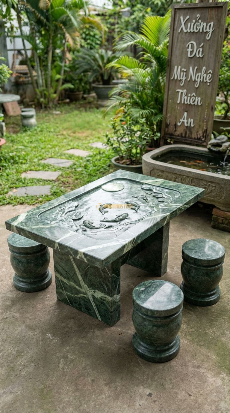 Bộ Bàn Ghế đá Cá Chép Trông Trăng, Chất Liệu đá Xanh Ấn, Kiểu Dáng mặt Bàn Chạm Chìm Hồ Nước Và Cá Chép (Lý Ngư Vọng Nguyệt), Tạo Hình Mềm Mại. Bàn: 120 x 80 x 65 Cm Đôn: Tròn Đơn Giản (4 Đôn)