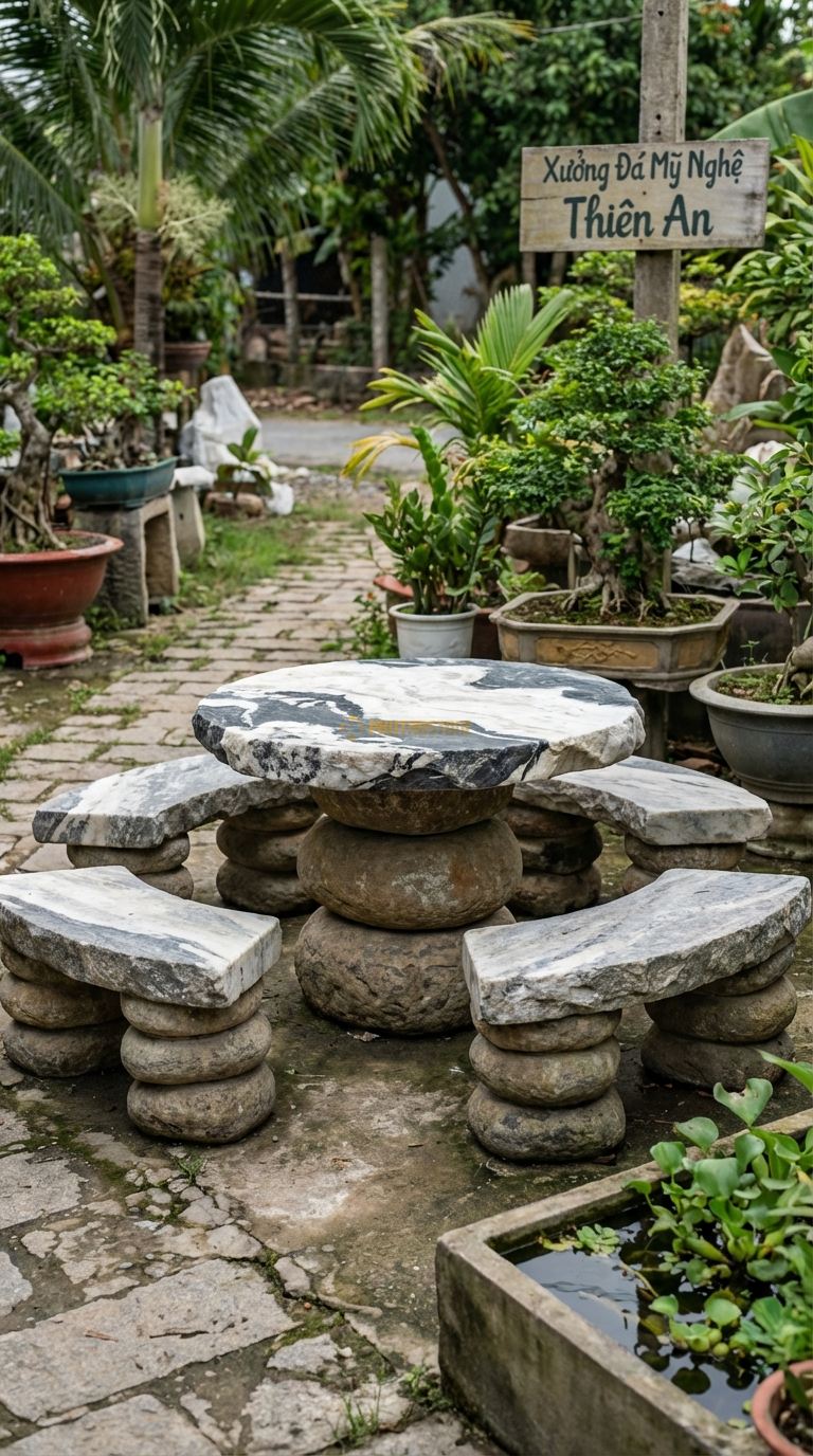Bộ Bàn Ghế đá Cân Bằng (Balanced Rock), Chất Liệu đá Tuyết Sơn, Kiểu Dáng chân Bàn Là Các Khối đá Cuội Tròn Xếp Chồng Lên Nhau (Như Trò Chơi Cân Bằng đá ), Mặt Kính Hoặc đá Mỏng. Bàn: Đk 100 Cm x Cao 70 Cm