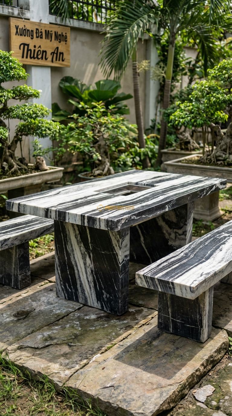 Bộ Bàn Ghế đá Chữ Nhật Lẩu Nướng, Chất Liệu đá Tuyết Sơn, Kiểu Dáng mặt Bàn Khoét Lỗ Hình Chữ Nhật Ở Giữa Để Đặt Bếp Ga Âm Hoặc Khay Than Dài. Bàn: 180 x 90 x 75 Cm