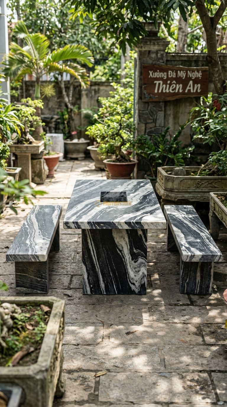 Bộ Bàn Ghế đá Chữ Nhật Lẩu Nướng, Chất Liệu đá Tuyết Sơn, Kiểu Dáng mặt Bàn Khoét Lỗ Hình Chữ Nhật Ở Giữa Để Đặt Bếp Ga Âm Hoặc Khay Than Dài. Bàn: 180 x 90 x 75 Cm