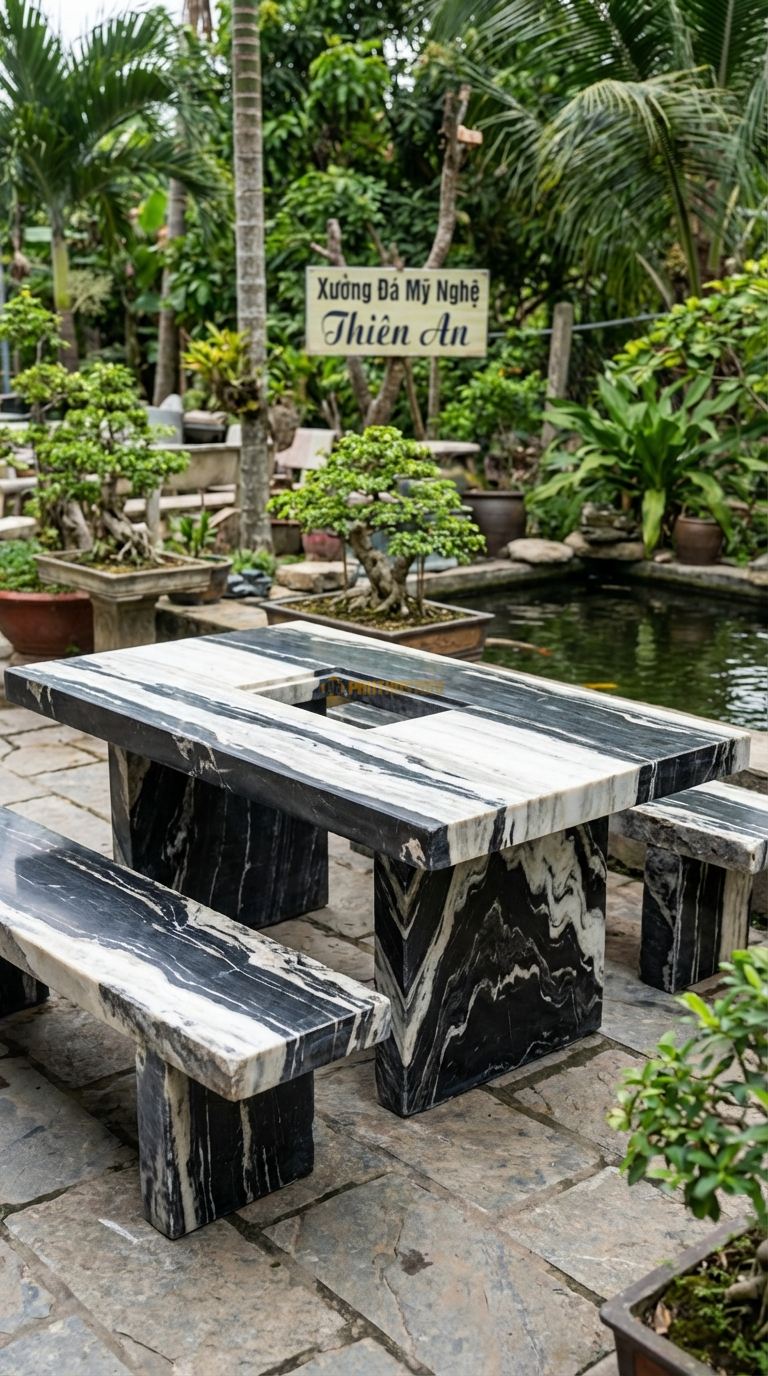 Bộ Bàn Ghế đá Chữ Nhật Lẩu Nướng, Chất Liệu đá Tuyết Sơn, Kiểu Dáng mặt Bàn Khoét Lỗ Hình Chữ Nhật Ở Giữa Để Đặt Bếp Ga Âm Hoặc Khay Than Dài. Bàn: 180 x 90 x 75 Cm