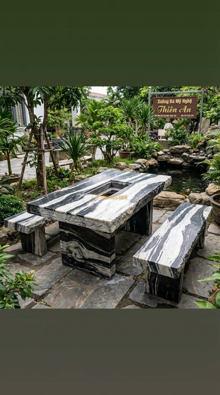 Bộ Bàn Ghế đá Chữ Nhật Lẩu Nướng, Chất Liệu đá Tuyết Sơn, Kiểu Dáng mặt Bàn Khoét Lỗ Hình Chữ Nhật Ở Giữa Để Đặt Bếp Ga Âm Hoặc Khay Than Dài. Bàn: 180 x 90 x 75 Cm