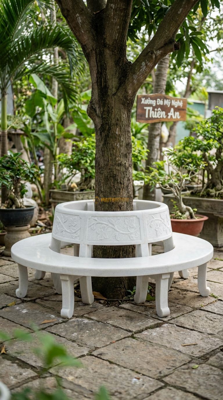 Bộ Bàn Ghế đá Có Tựa Lưng, Chất Liệu đá Trắng Muối, Kiểu Dáng vòng Tròn Ôm Cây Có Thêm Phần Tựa Lưng Bằng đá Thấp, Chạm Khắc Hoa Văn Dây Leo. Đk Ngoài: 200 Cm. Đk Ngoài: 200 Cm.