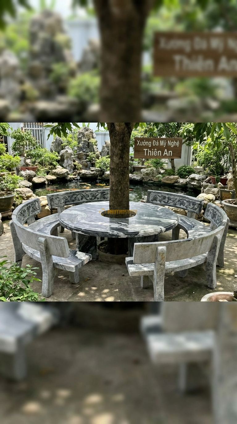 Bộ Bàn Ghế đá Có Tựa Lưng, Chất Liệu đá Tuyết Sơn, Kiểu Dáng vòng Tròn Ôm Cây Có Thêm Phần Tựa Lưng Bằng đá Thấp, Chạm Khắc Hoa Văn Dây Leo. Đk Ngoài: 200 Cm. Đk Ngoài: 200 Cm.