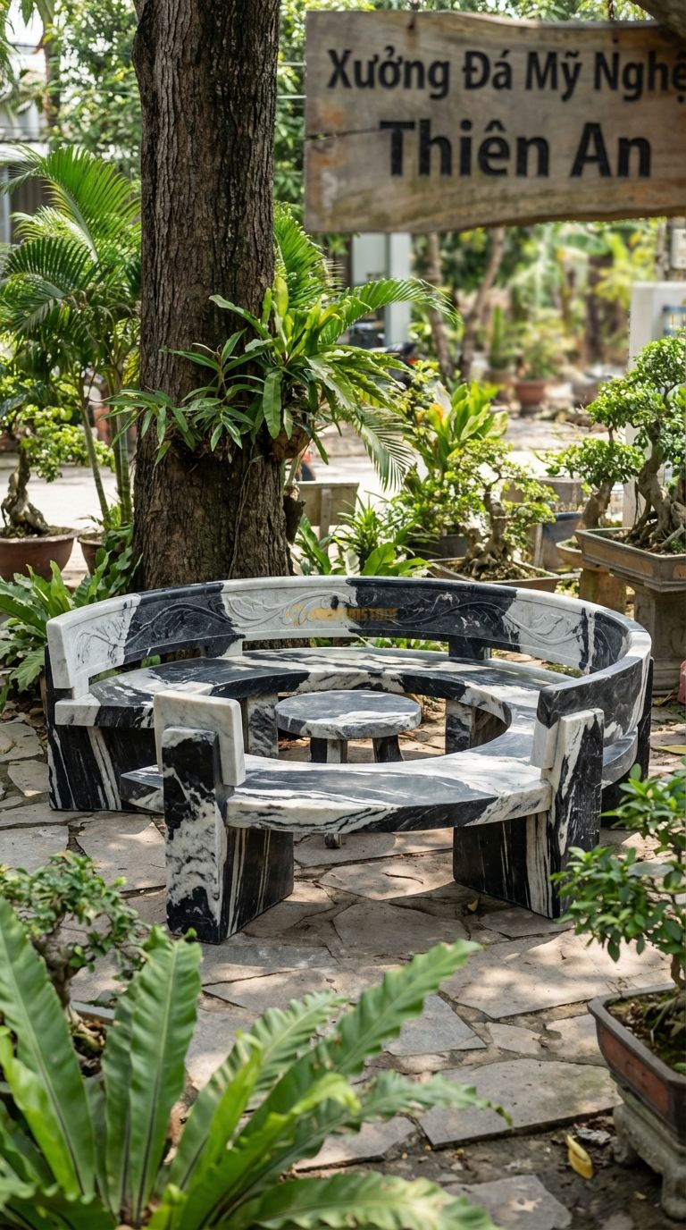 Bộ Bàn Ghế đá Có Tựa Lưng, Chất Liệu đá Tuyết Sơn, Kiểu Dáng vòng Tròn Ôm Cây Có Thêm Phần Tựa Lưng Bằng đá Thấp, Chạm Khắc Hoa Văn Dây Leo. Đk Ngoài: 200 Cm. Đk Ngoài: 200 Cm.