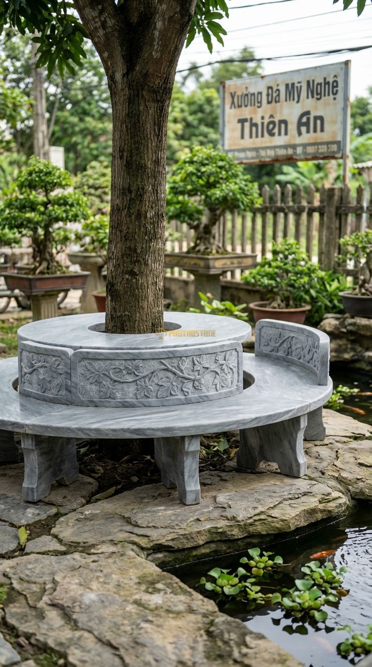 Bộ Bàn Ghế đá Có Tựa Lưng, Chất Liệu đá Xám Vân Mây, Kiểu Dáng vòng Tròn Ôm Cây Có Thêm Phần Tựa Lưng Bằng đá Thấp, Chạm Khắc Hoa Văn Dây Leo. Đk Ngoài: 200 Cm. Đk Ngoài: 200 Cm.