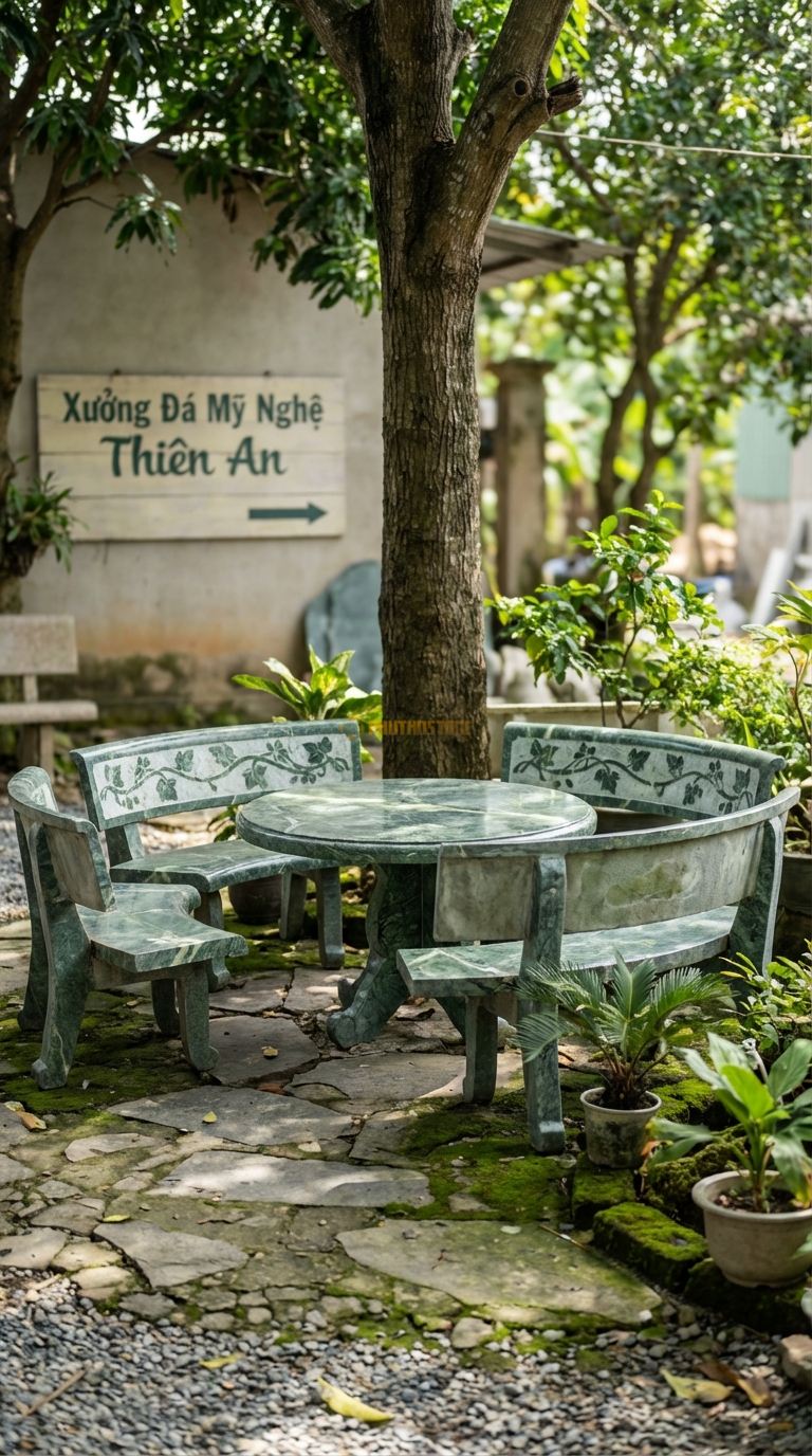 Bộ Bàn Ghế đá Có Tựa Lưng, Chất Liệu đá Xanh Ấn, Kiểu Dáng vòng Tròn Ôm Cây Có Thêm Phần Tựa Lưng Bằng đá Thấp, Chạm Khắc Hoa Văn Dây Leo. Đk Ngoài: 200 Cm. Đk Ngoài: 200 Cm.