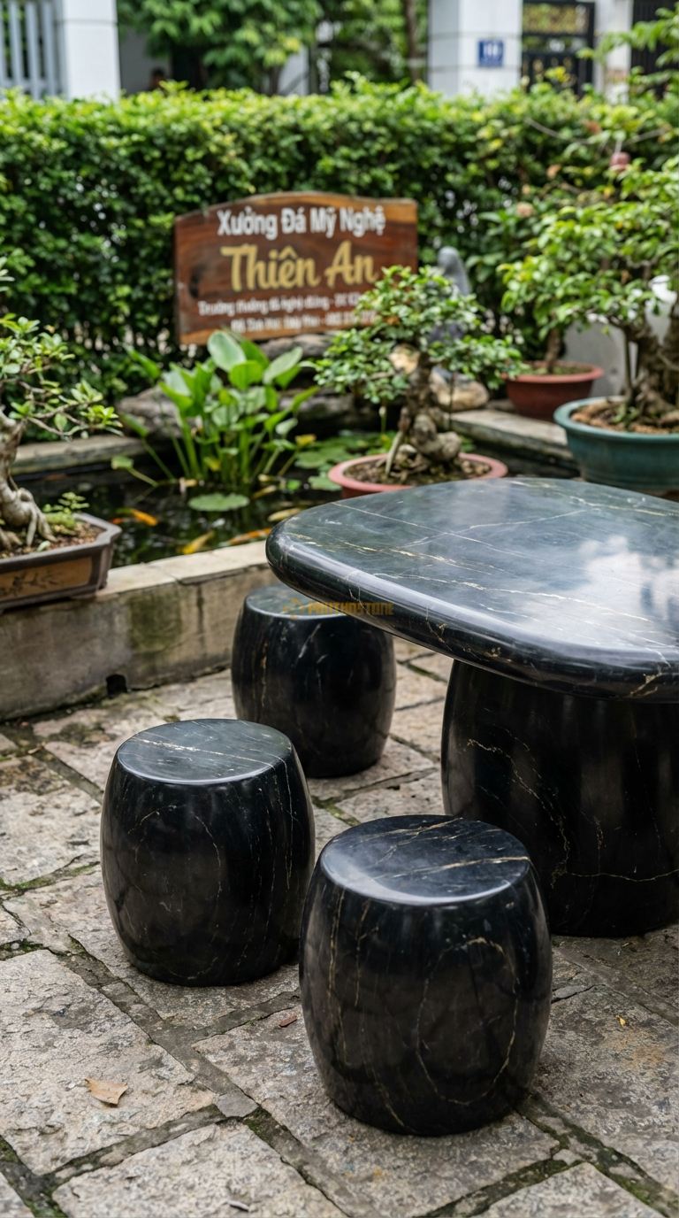 Bộ Bàn Ghế đá Cuội Suối Bo Tròn, Chất Liệu đá Đen Chỉ Nâu, Kiểu Dáng mặt Bàn Nhẵn Mịn, Cạnh Bo Tròn Mềm Mại Theo Dáng đá Cuội Suối, Không Góc Cạnh. Bàn: 120 x 80 x 60 Cm Đôn: Đk 30 x 35 Cm (4 Đôn)