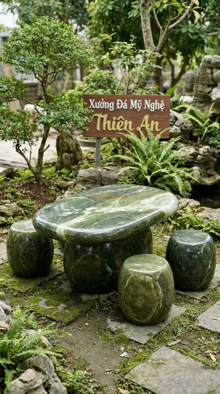 Bộ Bàn Ghế đá Cuội Suối Bo Tròn, Chất Liệu đá Serpentine, Kiểu Dáng mặt Bàn Nhẵn Mịn, Cạnh Bo Tròn Mềm Mại Theo Dáng đá Cuội Suối, Không Góc Cạnh. Bàn: 120 x 80 x 60 Cm Đôn: Đk 30 x 35 Cm (4 Đôn)