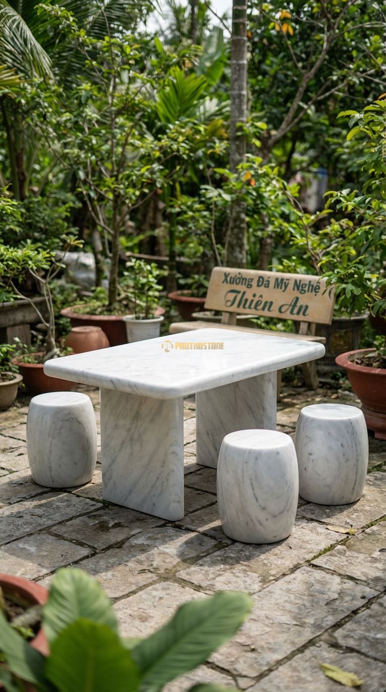 Bộ Bàn Ghế đá Cuội Suối Bo Tròn, Chất Liệu đá Trắng Yên Bái, Kiểu Dáng mặt Bàn Nhẵn Mịn, Cạnh Bo Tròn Mềm Mại Theo Dáng đá Cuội Suối, Không Góc Cạnh. Bàn: 120 x 80 x 60 Cm Đôn: Đk 30 x 35 Cm (4 Đôn)