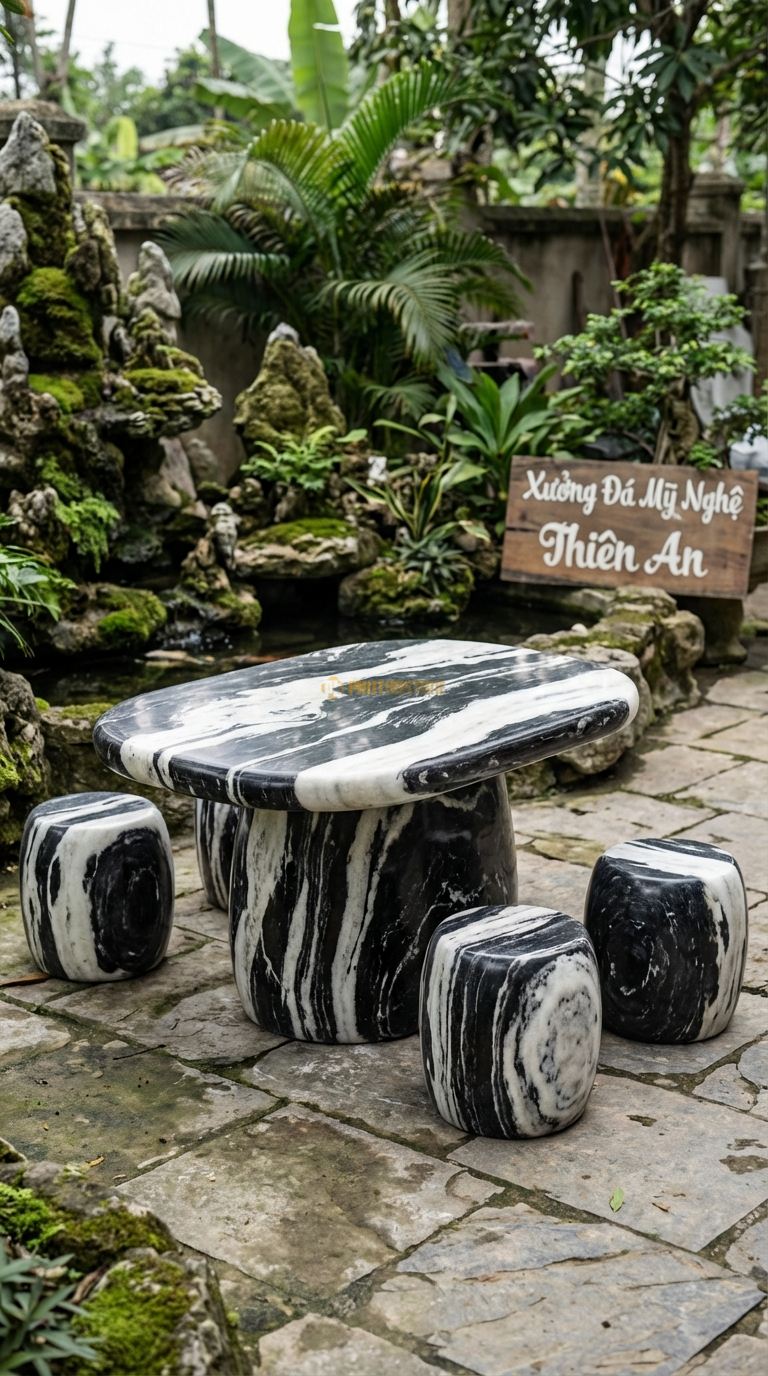Bộ Bàn Ghế đá Cuội Suối Bo Tròn, Chất Liệu đá Tuyết Sơn, Kiểu Dáng mặt Bàn Nhẵn Mịn, Cạnh Bo Tròn Mềm Mại Theo Dáng đá Cuội Suối, Không Góc Cạnh. Bàn: 120 x 80 x 60 Cm Đôn: Đk 30 x 35 Cm (4 Đôn)