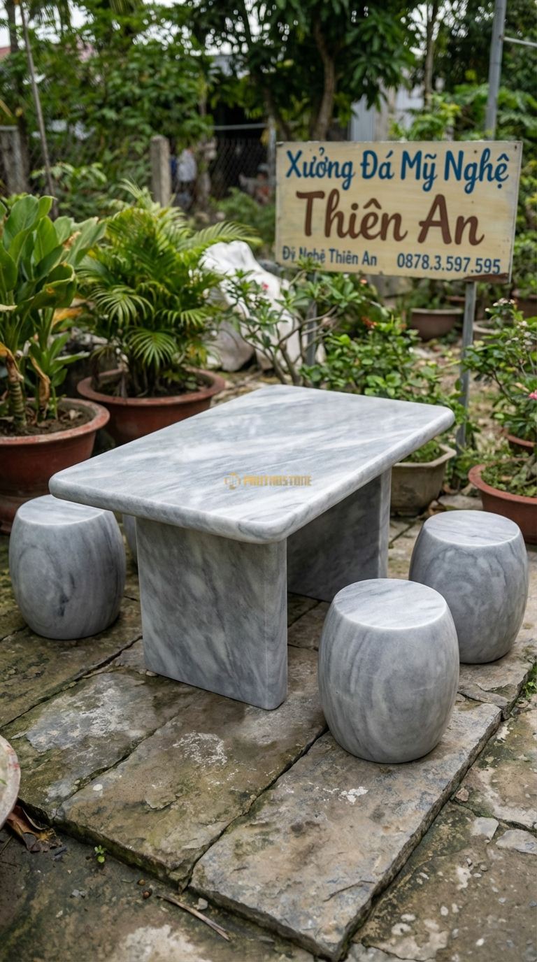 Bộ Bàn Ghế đá Cuội Suối Bo Tròn, Chất Liệu đá Xám Vân Mây, Kiểu Dáng mặt Bàn Nhẵn Mịn, Cạnh Bo Tròn Mềm Mại Theo Dáng đá Cuội Suối, Không Góc Cạnh. Bàn: 120 x 80 x 60 Cm Đôn: Đk 30 x 35 Cm (4 Đôn)