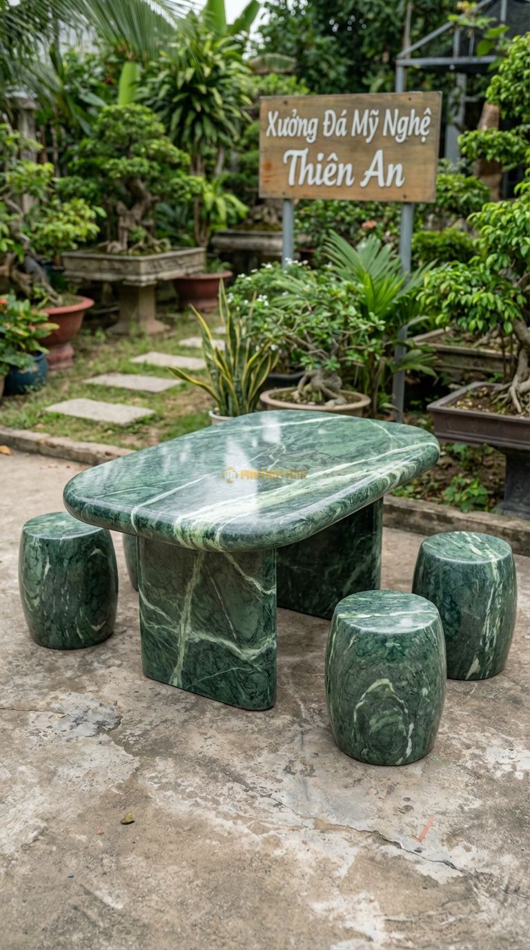 Bộ Bàn Ghế đá Cuội Suối Bo Tròn, Chất Liệu đá Xanh Ấn, Kiểu Dáng mặt Bàn Nhẵn Mịn, Cạnh Bo Tròn Mềm Mại Theo Dáng đá Cuội Suối, Không Góc Cạnh. Bàn: 120 x 80 x 60 Cm Đôn: Đk 30 x 35 Cm (4 Đôn)