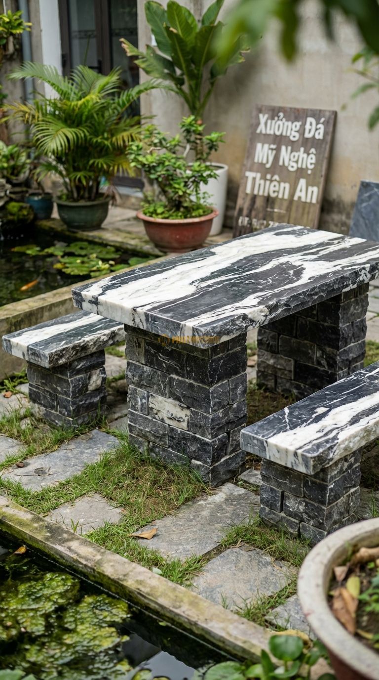 Bộ Bàn Ghế đá đá Ong Xếp, Chất Liệu đá Tuyết Sơn, Kiểu Dáng sử Dụng đá Ong Cắt Viên Chữ Nhật Xếp Chồng Kiểu Tường Cổ (Không Trát Mạch). Bàn: 140 x 70 x 70 Cm