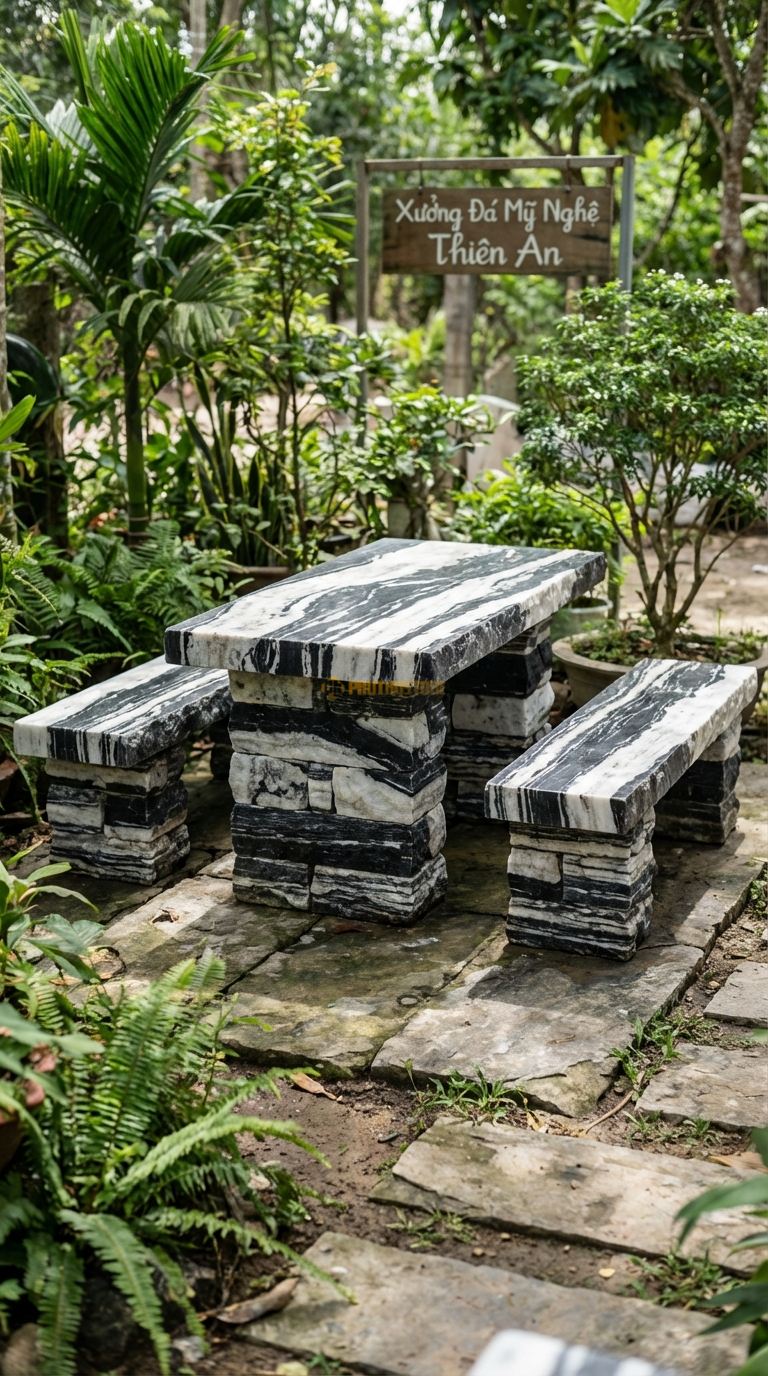 Bộ Bàn Ghế đá đá Ong Xếp, Chất Liệu đá Tuyết Sơn, Kiểu Dáng sử Dụng đá Ong Cắt Viên Chữ Nhật Xếp Chồng Kiểu Tường Cổ (Không Trát Mạch). Bàn: 140 x 70 x 70 Cm