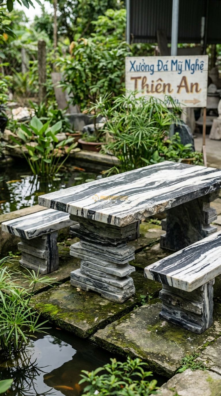 Bộ Bàn Ghế đá đá Phiến Thác Nước, Chất Liệu đá Tuyết Sơn, Kiểu Dáng các Lớp đá Xếp So Le Tạo Hiệu Ứng Nước Chảy (Thác Nước) Ở Chân Bàn. Bàn: 160 x 90 x 75 Cm