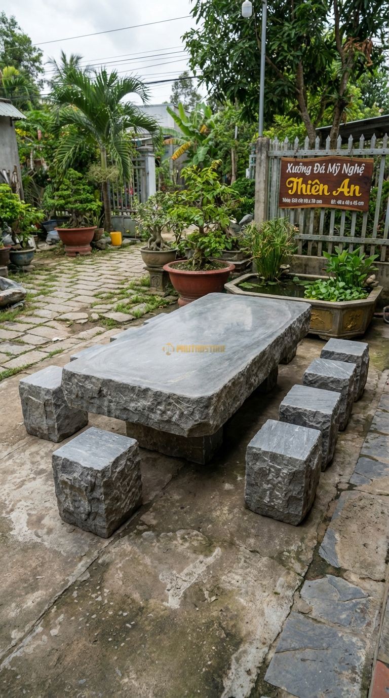 Bộ Bàn Ghế đá Đại Thạch (Dáng Núi), Chất Liệu đá Cẩm Thạch Xám, Kiểu Dáng bề Mặt Mài Phẳng, Cạnh Bên Để Thô Ráp Kiểu Vách Núi Dựng Đứng, Thế đá Vững Chãi. Bàn: 220 x 110 x 70 Cm Đôn: 40 x 40 x 45 Cm (8 Đôn)