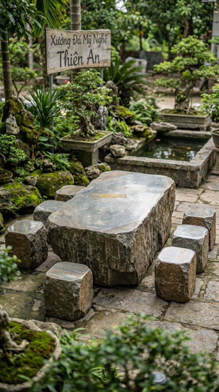 Bộ Bàn Ghế đá Đại Thạch (Dáng Núi), Chất Liệu đá Cuội, Kiểu Dáng bề Mặt Mài Phẳng, Cạnh Bên Để Thô Ráp Kiểu Vách Núi Dựng Đứng, Thế đá Vững Chãi. Bàn: 220 x 110 x 70 Cm Đôn: 40 x 40 x 45 Cm (8 Đôn)