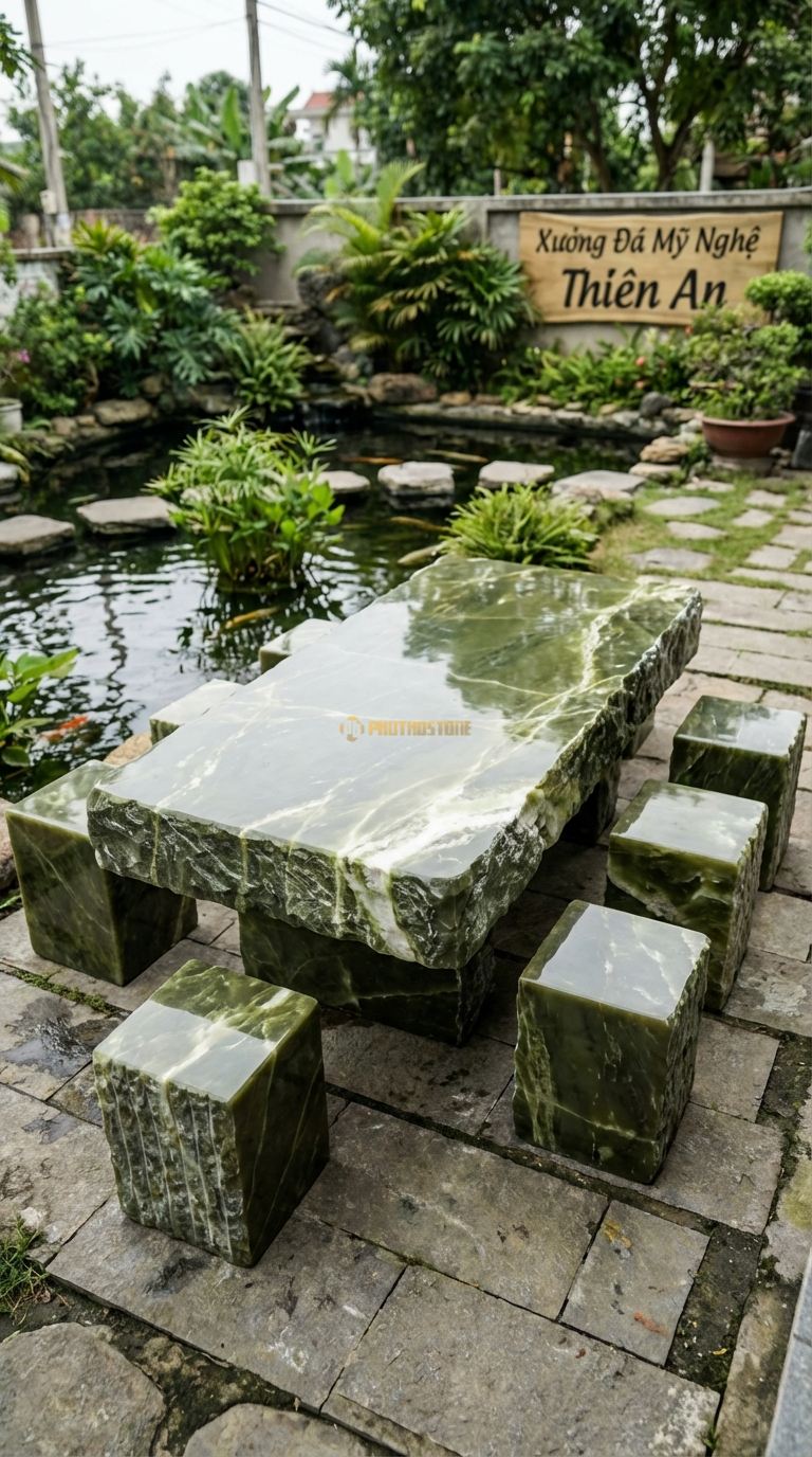 Bộ Bàn Ghế đá Đại Thạch (Dáng Núi), Chất Liệu đá Serpentine, Kiểu Dáng bề Mặt Mài Phẳng, Cạnh Bên Để Thô Ráp Kiểu Vách Núi Dựng Đứng, Thế đá Vững Chãi. Bàn: 220 x 110 x 70 Cm Đôn: 40 x 40 x 45 Cm (8 Đôn)