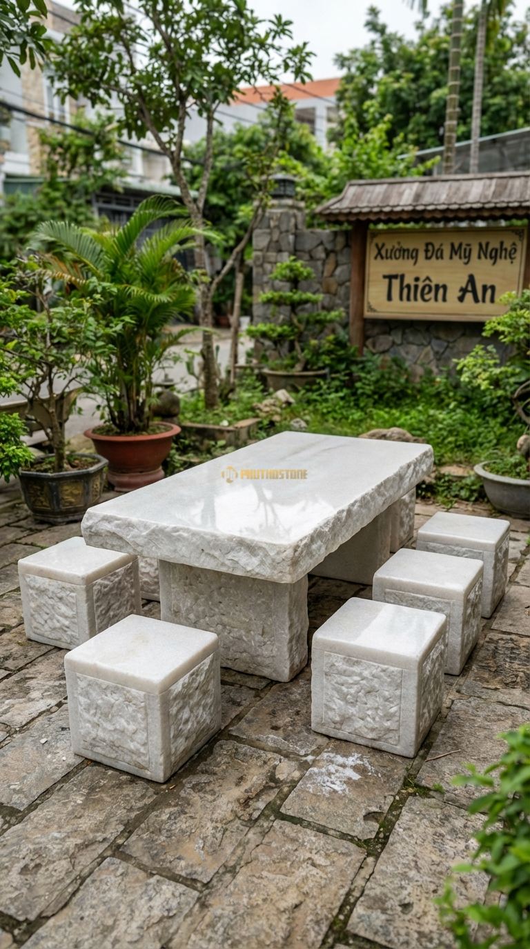 Bộ Bàn Ghế đá Đại Thạch (Dáng Núi), Chất Liệu đá Trắng Muối, Kiểu Dáng bề Mặt Mài Phẳng, Cạnh Bên Để Thô Ráp Kiểu Vách Núi Dựng Đứng, Thế đá Vững Chãi. Bàn: 220 x 110 x 70 Cm Đôn: 40 x 40 x 45 Cm (8 Đôn)