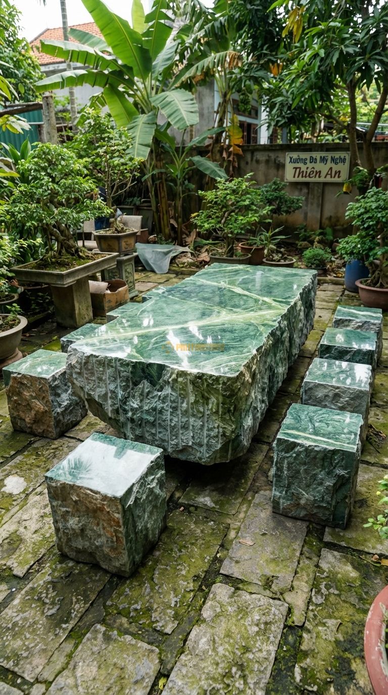 Bộ Bàn Ghế đá Đại Thạch (Dáng Núi), Chất Liệu đá Xanh Ấn, Kiểu Dáng bề Mặt Mài Phẳng, Cạnh Bên Để Thô Ráp Kiểu Vách Núi Dựng Đứng, Thế đá Vững Chãi. Bàn: 220 x 110 x 70 Cm Đôn: 40 x 40 x 45 Cm (8 Đôn)