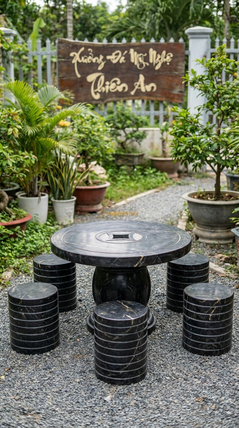 Bộ Bàn Ghế đá Đồng Tiền Cổ, Chất Liệu đá Đen Chỉ Nâu, Kiểu Dáng mặt Bàn Tạc Hình Đồng Xu Cổ (Tròn, Lỗ Vuông Ở Giữa), Mang Ý Nghĩa Phú Quý. Bàn: Đk 100 Cm x Cao 60 Cm Đôn: Hình Chồng Tiền Xu (5 Đôn)