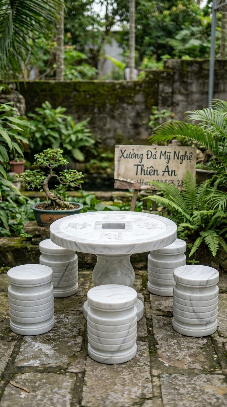 Bộ Bàn Ghế đá Đồng Tiền Cổ, Chất Liệu đá Trắng Yên Bái, Kiểu Dáng mặt Bàn Tạc Hình Đồng Xu Cổ (Tròn, Lỗ Vuông Ở Giữa), Mang Ý Nghĩa Phú Quý. Bàn: Đk 100 Cm x Cao 60 Cm Đôn: Hình Chồng Tiền Xu (5 Đôn)