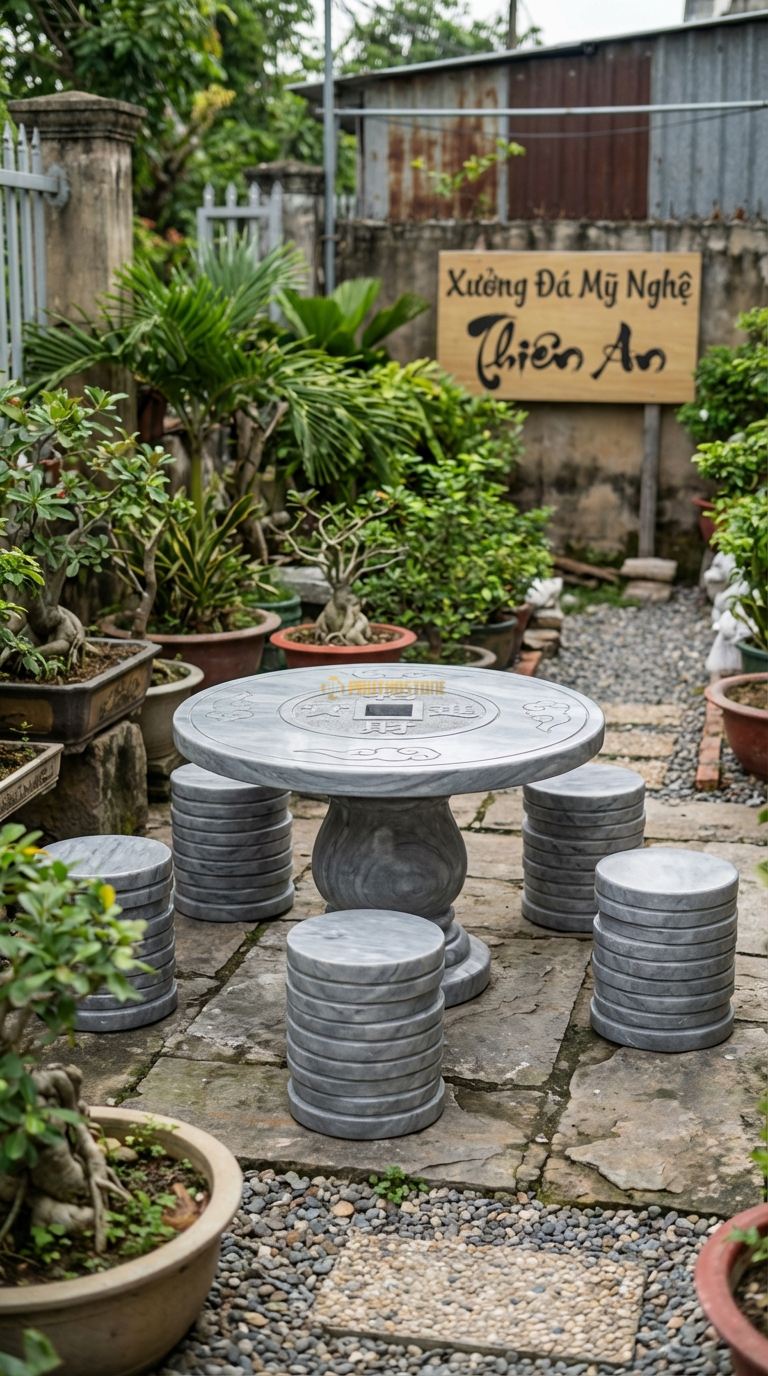 Bộ Bàn Ghế đá Đồng Tiền Cổ, Chất Liệu đá Xám Vân Mây, Kiểu Dáng mặt Bàn Tạc Hình Đồng Xu Cổ (Tròn, Lỗ Vuông Ở Giữa), Mang Ý Nghĩa Phú Quý. Bàn: Đk 100 Cm x Cao 60 Cm Đôn: Hình Chồng Tiền Xu (5 Đôn)
