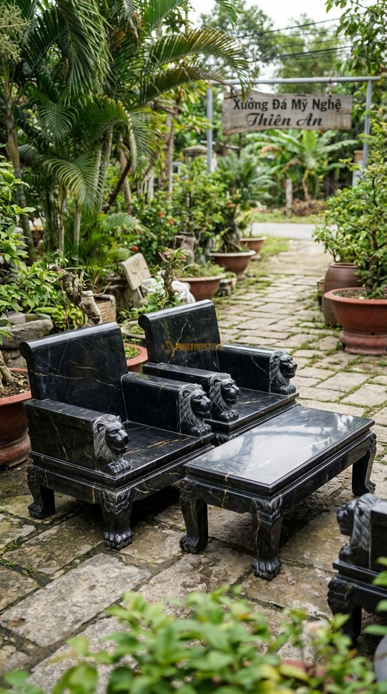 Bộ Bàn Ghế đá Ghế Bành Sư Tử, Chất Liệu đá Đen Chỉ Nâu, Kiểu Dáng chân Ghế Là Chân Sư Tử, Tay Vịn Tạc Đầu Sư Tử Oai Vệ. Ghế: 95 x 85 x 100 Cm. Ghế: 95 x 85 x 100 Cm.
