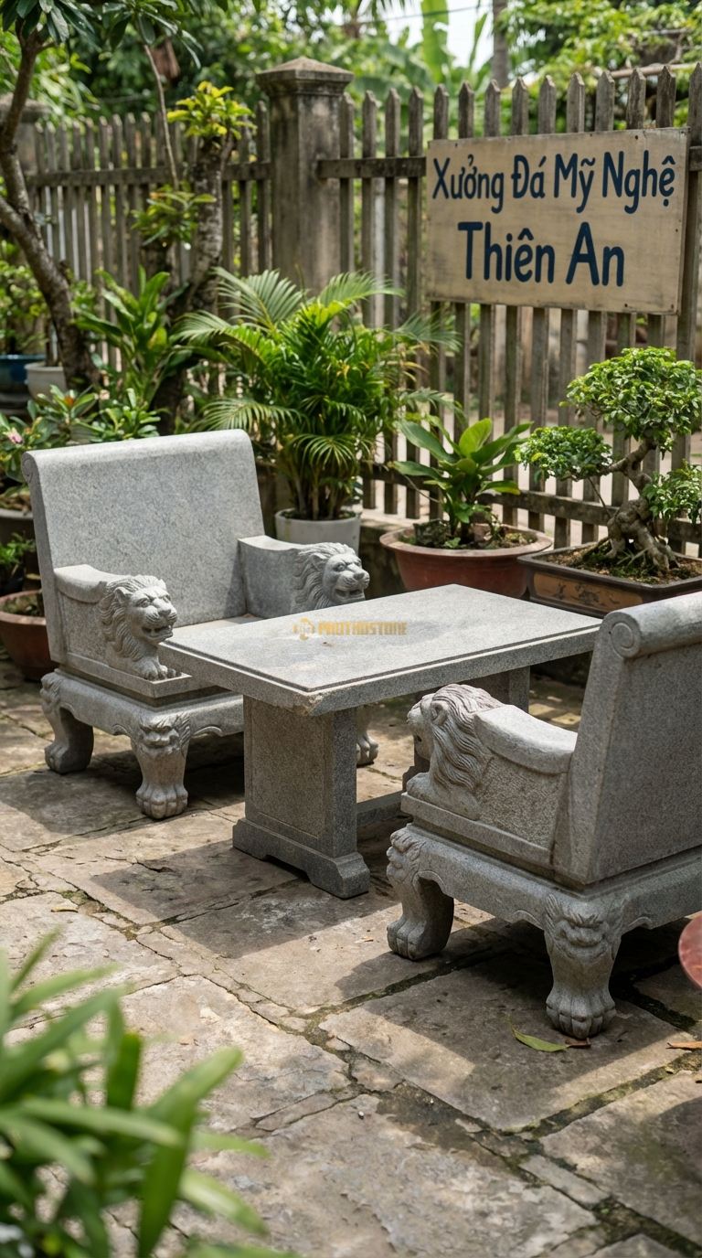 Bộ Bàn Ghế đá Ghế Bành Sư Tử, Chất Liệu đá Granite, Kiểu Dáng chân Ghế Là Chân Sư Tử, Tay Vịn Tạc Đầu Sư Tử Oai Vệ. Ghế: 95 x 85 x 100 Cm. Ghế: 95 x 85 x 100 Cm.