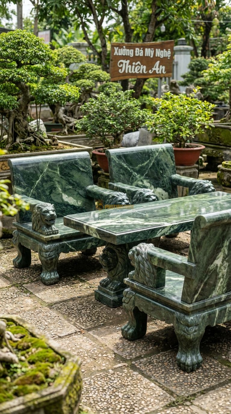 Bộ Bàn Ghế đá Ghế Bành Sư Tử, Chất Liệu đá Serpentine, Kiểu Dáng chân Ghế Là Chân Sư Tử, Tay Vịn Tạc Đầu Sư Tử Oai Vệ. Ghế: 95 x 85 x 100 Cm. Ghế: 95 x 85 x 100 Cm.