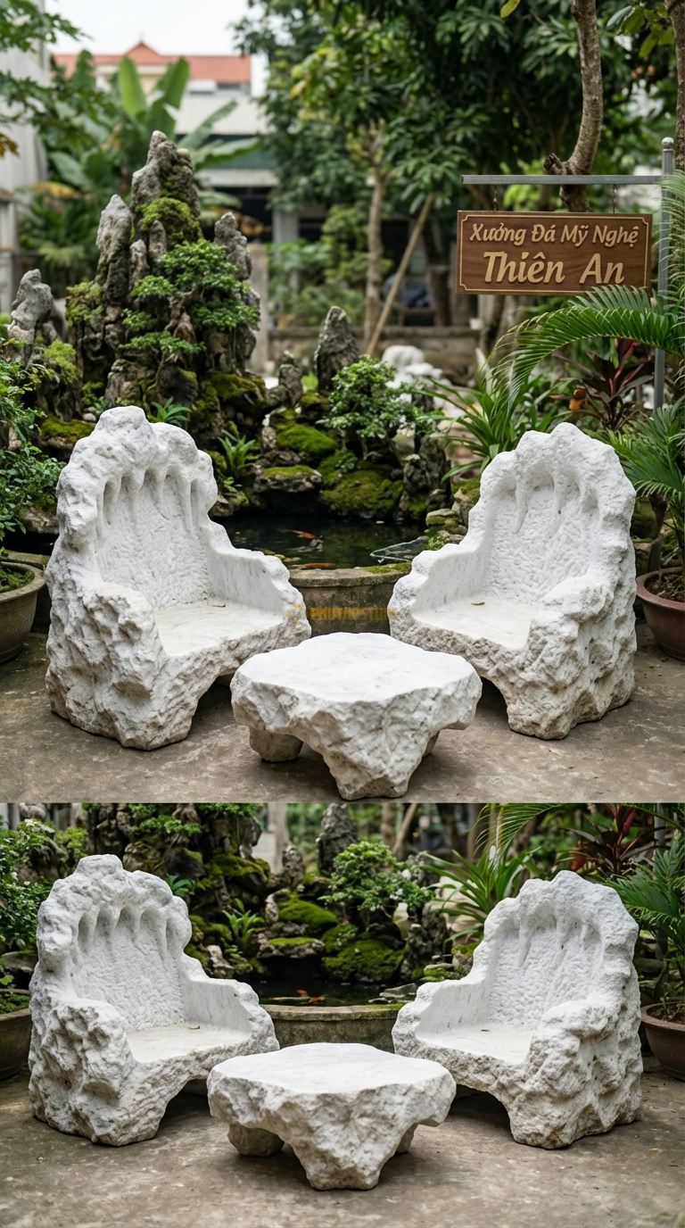 Bộ Bàn Ghế đá Ghế Chúa Đảo ( đá San Hô), Chất Liệu đá Trắng Yên Bái, Kiểu Dáng bề Mặt đá Có Kết Cấu Như San Hô Hoặc đá Hang Động, Dáng Ghế Ngai Tự Nhiên. Ghế: 90 x 80 x 100 Cm. Ghế: 90 x 80 x 100 Cm.