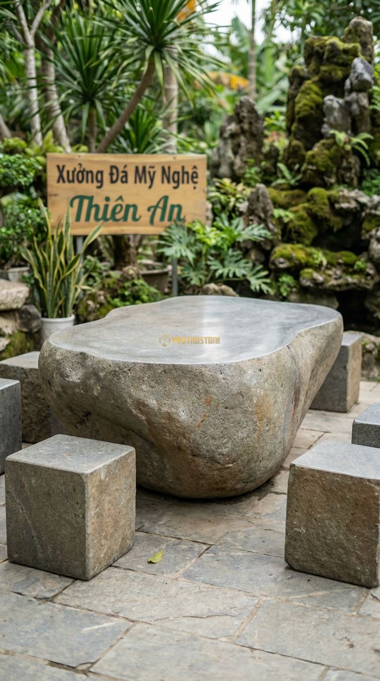 Bộ Bàn Ghế đá Ghế đá Tự Nhiên Mộc, Chất Liệu đá Cuội, Kiểu Dáng mặt Cắt Phẳng Lì (Matte), Không đá nh Bóng Quá Kỹ, Giữ Độ Nhám Mờ Tự Nhiên. Bàn: 150 x 90 x 60 Cm Đôn: Vuông Vức Tự Nhiên 35X35 Cm