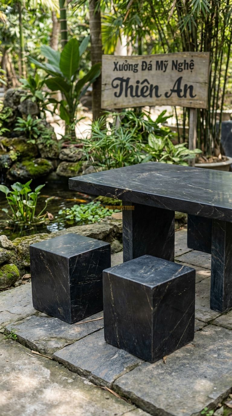 Bộ Bàn Ghế đá Ghế đá Tự Nhiên Mộc, Chất Liệu đá Đen Chỉ Nâu, Kiểu Dáng mặt Cắt Phẳng Lì (Matte), Không đá nh Bóng Quá Kỹ, Giữ Độ Nhám Mờ Tự Nhiên. Bàn: 150 x 90 x 60 Cm Đôn: Vuông Vức Tự Nhiên 35X35 Cm