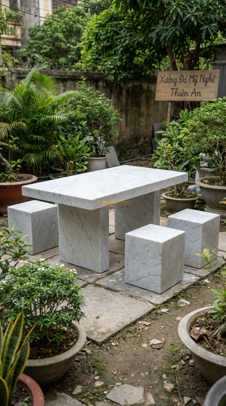 Bộ Bàn Ghế đá Ghế đá Tự Nhiên Mộc, Chất Liệu đá Trắng Yên Bái, Kiểu Dáng mặt Cắt Phẳng Lì (Matte), Không đá nh Bóng Quá Kỹ, Giữ Độ Nhám Mờ Tự Nhiên. Bàn: 150 x 90 x 60 Cm Đôn: Vuông Vức Tự Nhiên 35X35 Cm