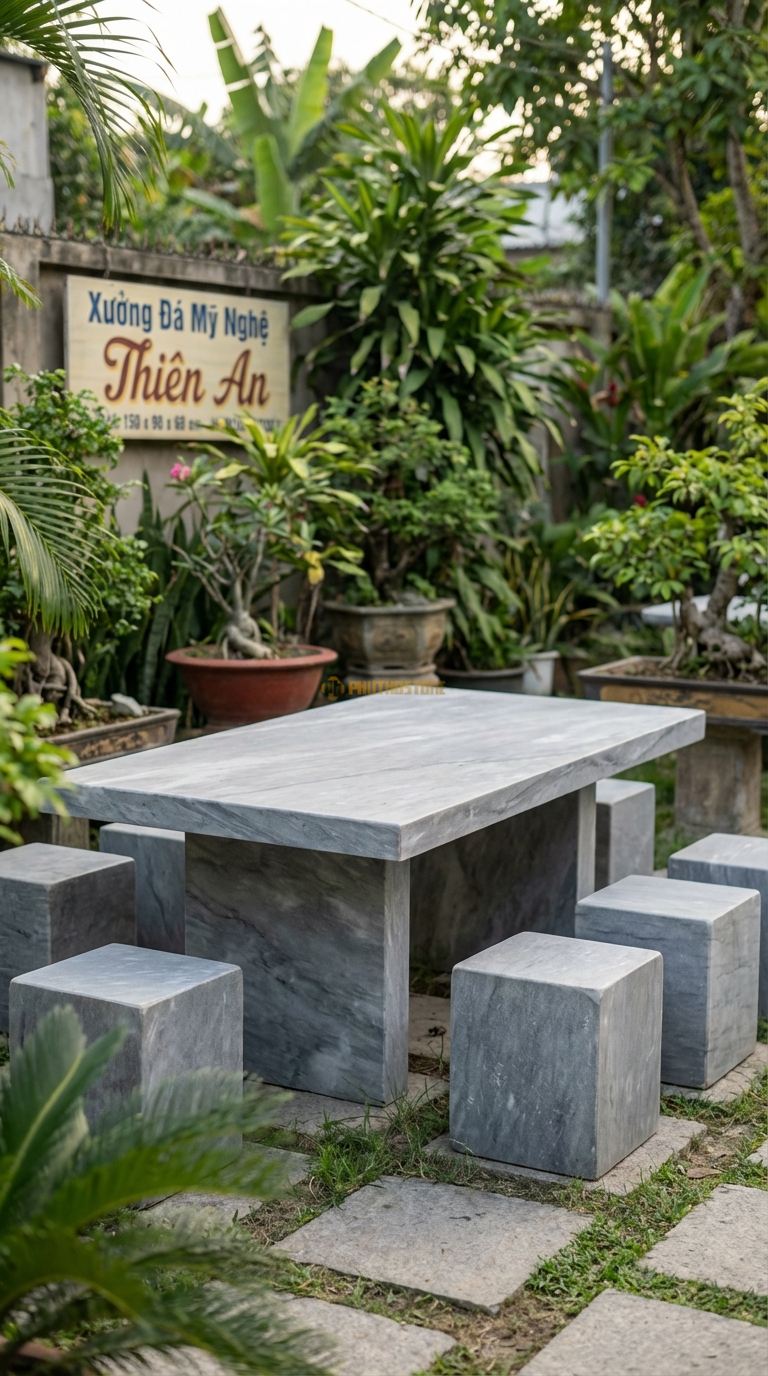 Bộ Bàn Ghế đá Ghế đá Tự Nhiên Mộc, Chất Liệu đá Xám Vân Mây, Kiểu Dáng mặt Cắt Phẳng Lì (Matte), Không đá nh Bóng Quá Kỹ, Giữ Độ Nhám Mờ Tự Nhiên. Bàn: 150 x 90 x 60 Cm Đôn: Vuông Vức Tự Nhiên 35X35 Cm